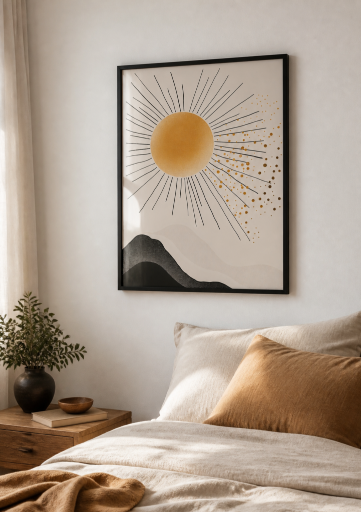 Abstract Sun and Mountain Wall Art Print - Minimalist Boho Sun Poster