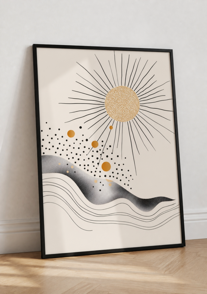 Boho Sun Celestial Wall Art Print | Minimalist Abstract Poster | Cosmic Golden Sun Waves 50x70cm