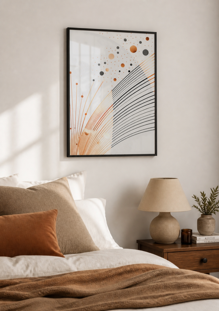 Abstract Geometric Lines and Circles Wall Art Print - Orange Gold Black Modern Poster