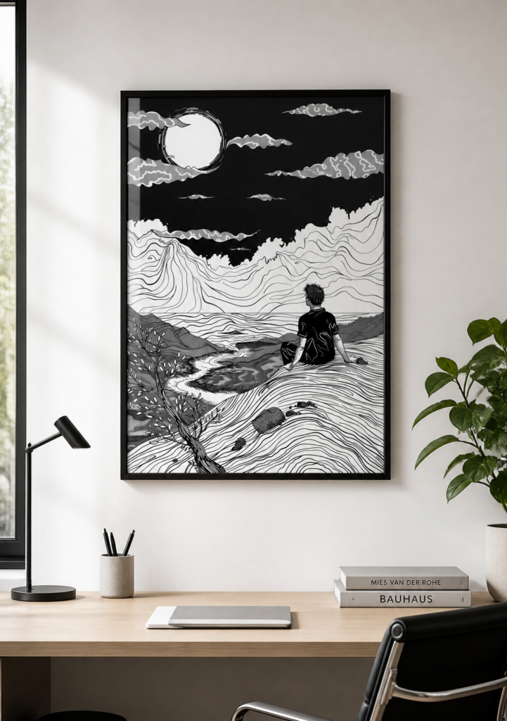 Moonlit Solitude Black and White Ink Illustration Wall Art Print