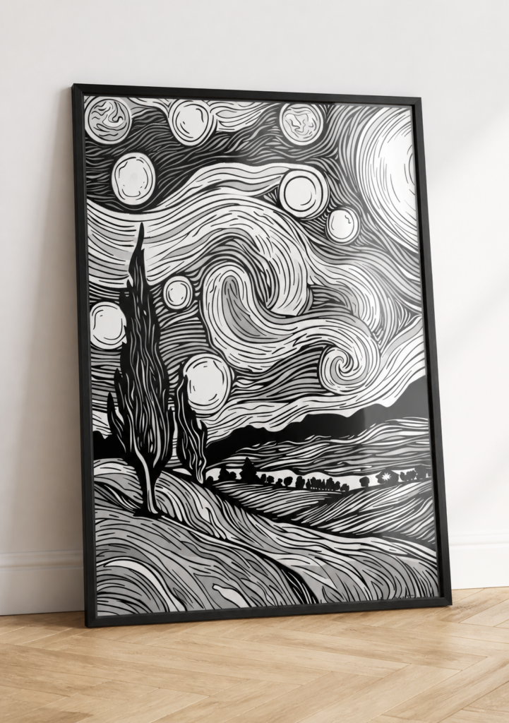 Starry Night Black and White Line Art Poster – Van Gogh Inspired Wall Art Print
