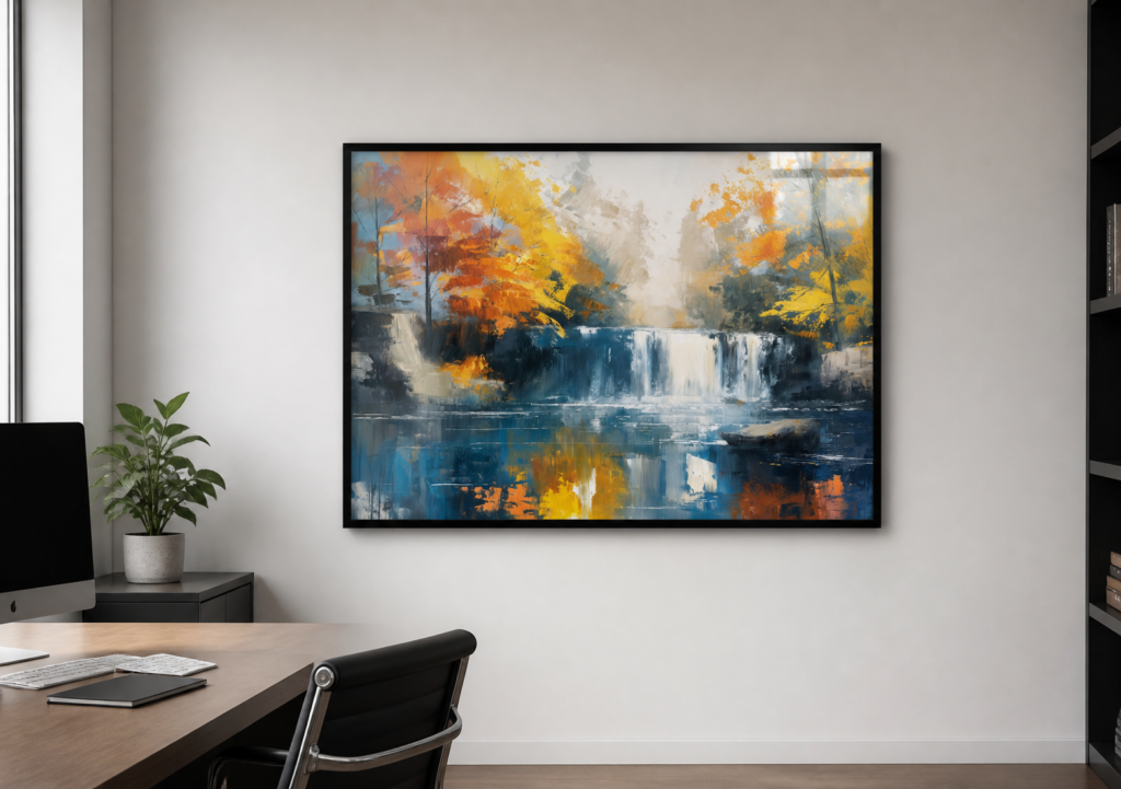 Autumn Waterfall Oil Painting Wall Art Print - Impressionist Fall Landscape Poster