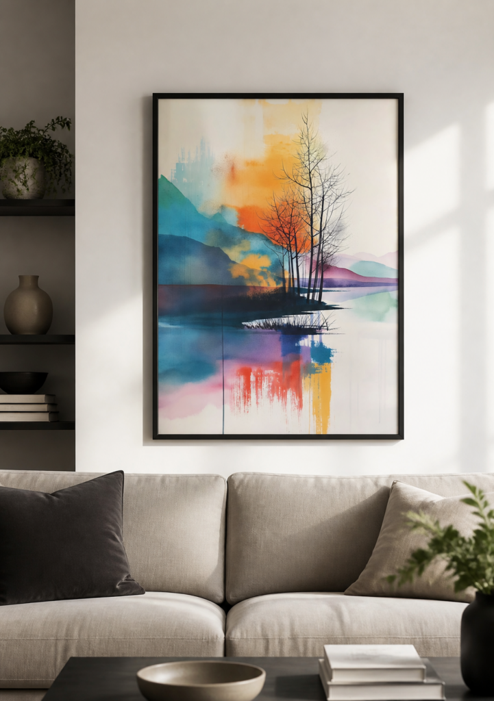 Abstract Watercolor Landscape Wall Art Print - Colorful Lake and Trees Poster
