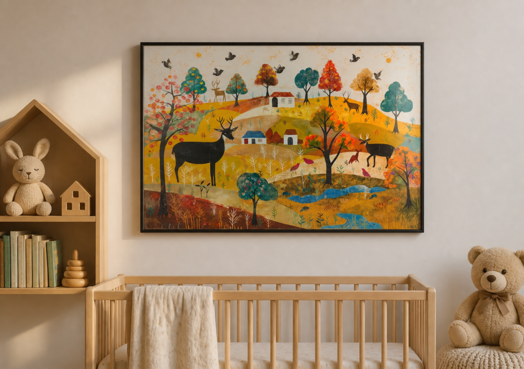 Folk Art Autumn Landscape Wall Art Print – Deer and Village Countryside Illustration Poster