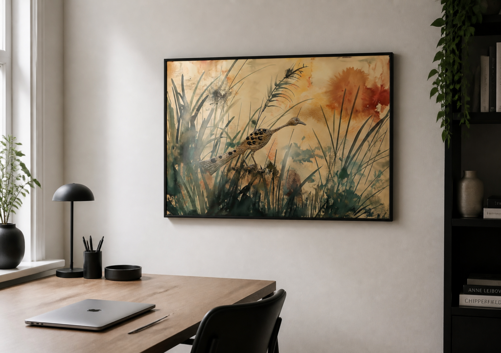 Watercolor Roadrunner Bird in Tall Grass - Nature Wall Art Print