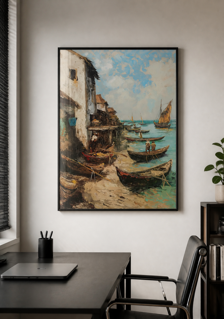 Mediterranean Fishing Village Oil Painting - Vintage Harbor Boats Wall Art Print