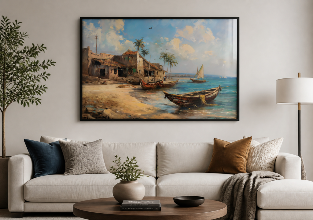 Tropical Fishing Village Oil Painting Print - Coastal Beach Wall Art with Boats and Palm Trees