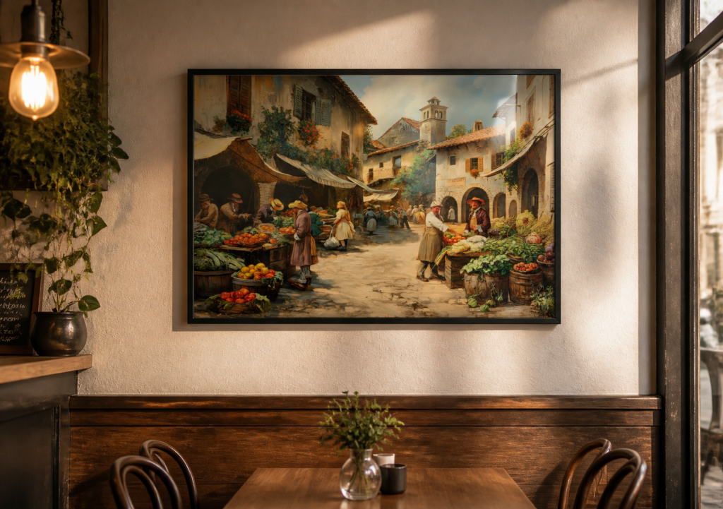 Italian Village Market Oil Painting - Rustic European Countryside Wall Art Print