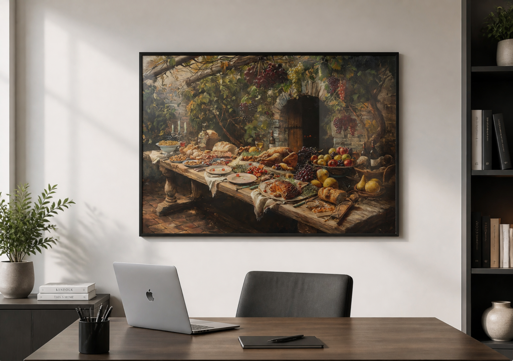 Tuscan Feast Oil Painting - Rustic Italian Banquet Still Life Wall Art Print