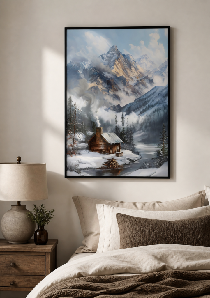 Winter Mountain Cabin Oil Painting Wall Art Print - Snowy Alpine Landscape Poster