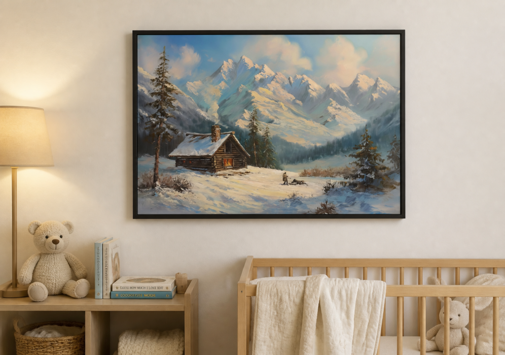 Winter Mountain Cabin Oil Painting Wall Art Print - Snowy Alpine Landscape Poster
