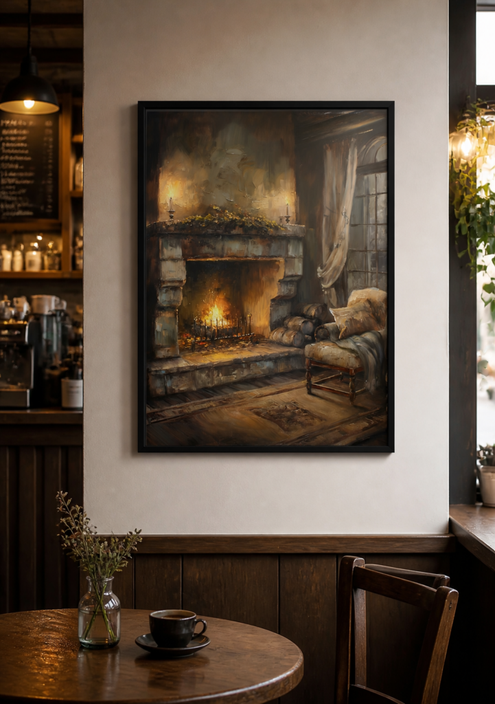 Cozy Fireplace Oil Painting Wall Art | Rustic Cottage Hearth Print