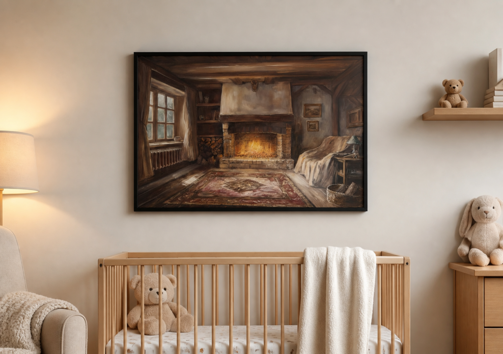 Cozy Cabin Fireplace Oil Painting - Rustic Interior Wall Art Print