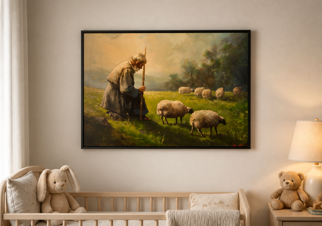 Old Shepherd with Sheep Flock - Classic Pastoral Oil Painting Wall Art Print