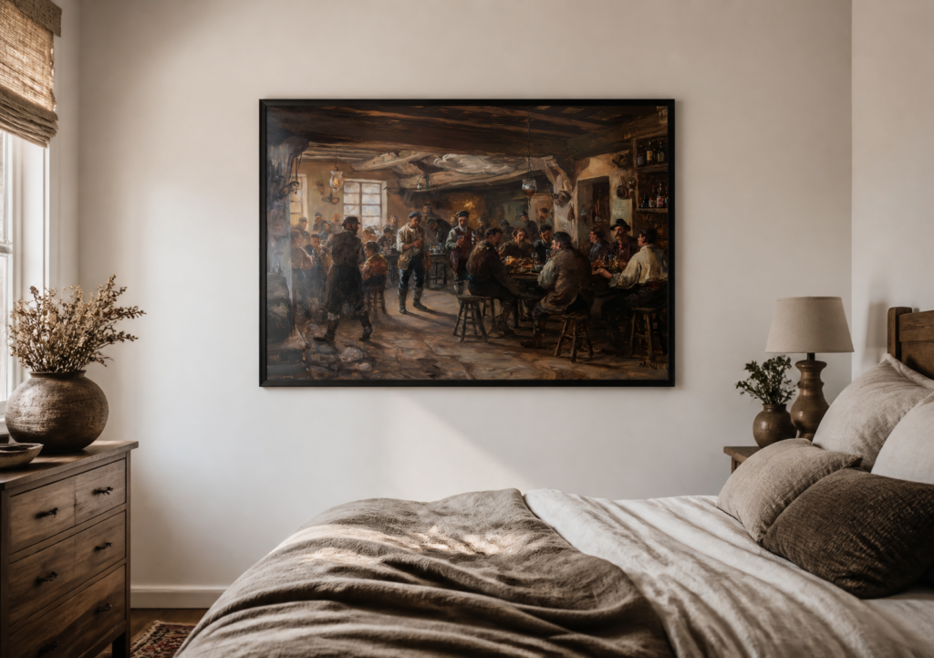 Vintage Tavern Scene Oil Painting - 19th Century Pub Interior Wall Art Print