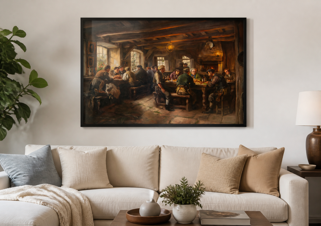 Old English Pub Interior Oil Painting - Vintage Tavern Scene Wall Art Print