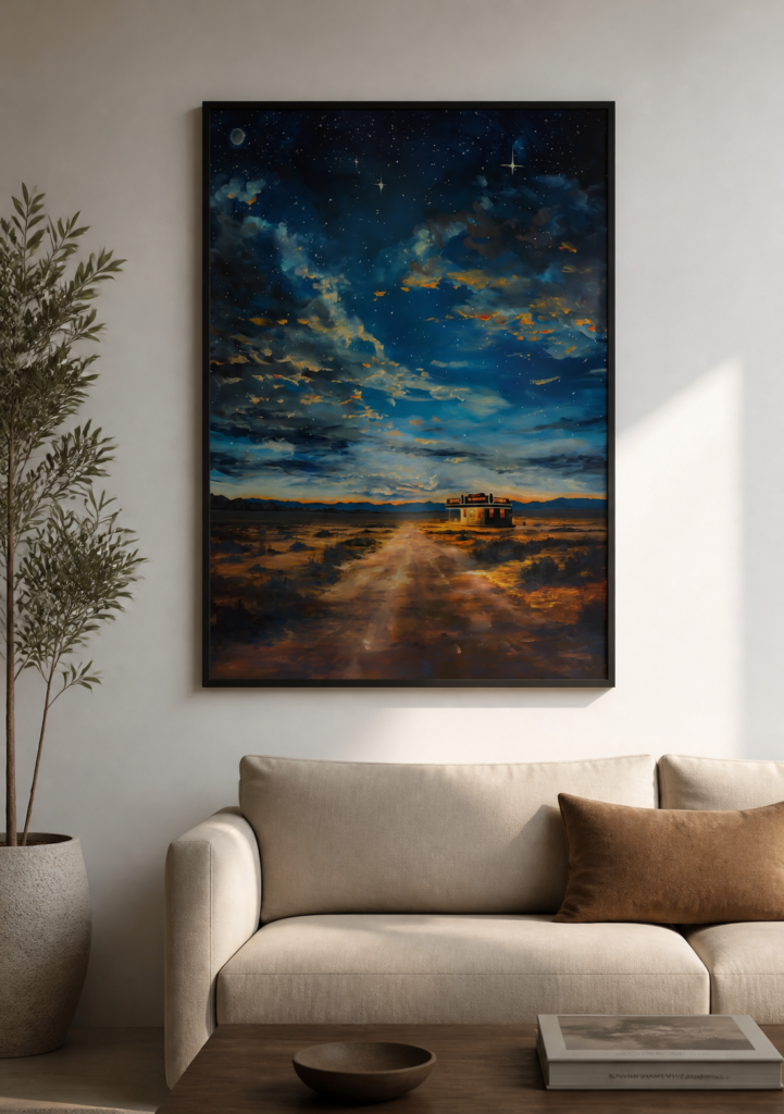Desert Diner Under Starry Night Sky Oil Painting Wall Art Print