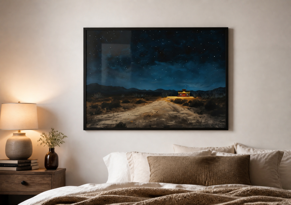Desert Night Sky Painting - Lone House in the Wilderness Wall Art Print