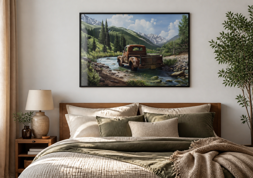 Rustic Vintage Pickup Truck Mountain Stream Landscape Painting Wall Art Print