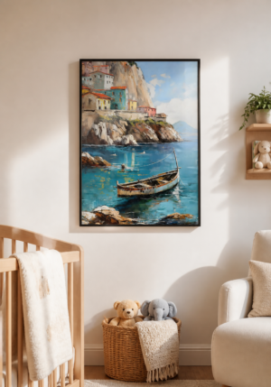 Italian Coastal Village Oil Painting - Mediterranean Sea Wall Art Poster