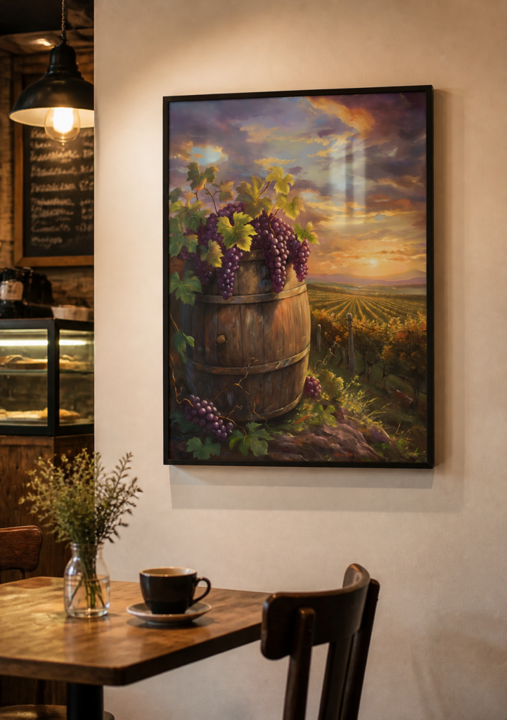 Tuscan Vineyard Sunset Oil Painting Wall Art - Wine Barrel & Grapes Poster