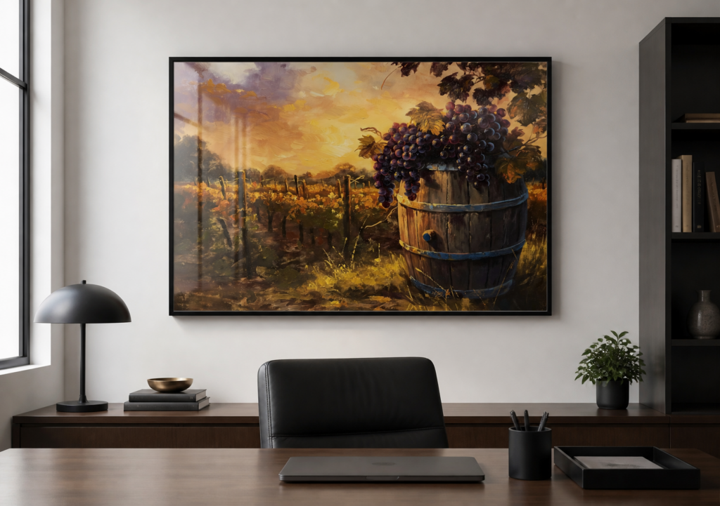 Vineyard Sunset Oil Painting Wall Art - Tuscan Wine Country Landscape Poster