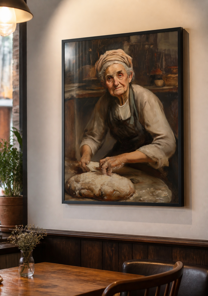 Old Woman Kneading Bread Dough Oil Painting | Rustic Kitchen Wall Art Print