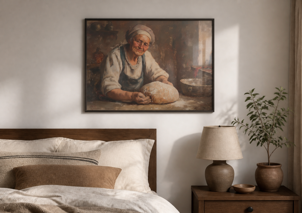 Old Woman Kneading Bread Dough Oil Painting - Rustic Kitchen Wall Art Print