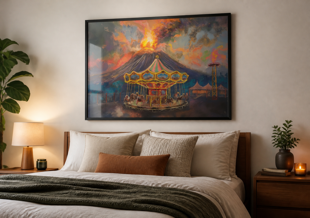 Erupting Volcano Carousel Surreal Oil Painting Wall Art Print