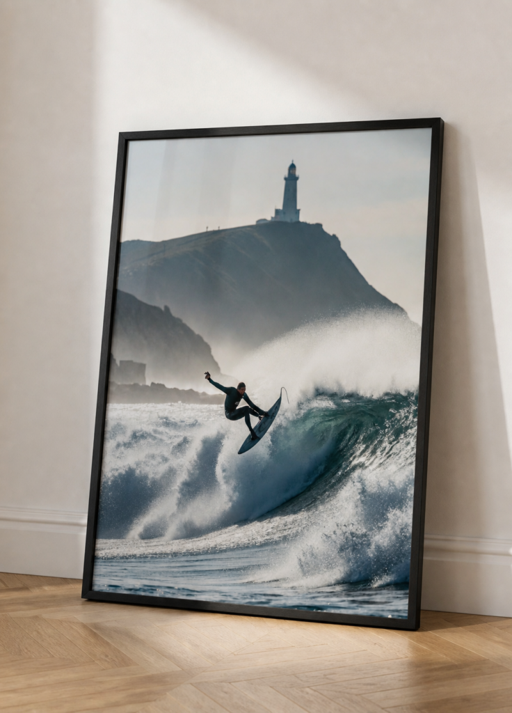 Surfer Aerial Wave Lighthouse Coast – Action Sports Photography Wall Art Poster