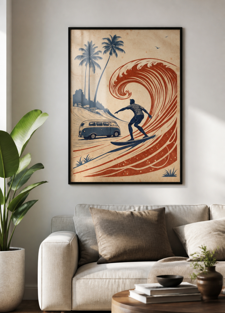 Vintage Retro Surf Poster | Surfer Big Wave VW Bus Palm Trees Beach Art Print 50x70cm