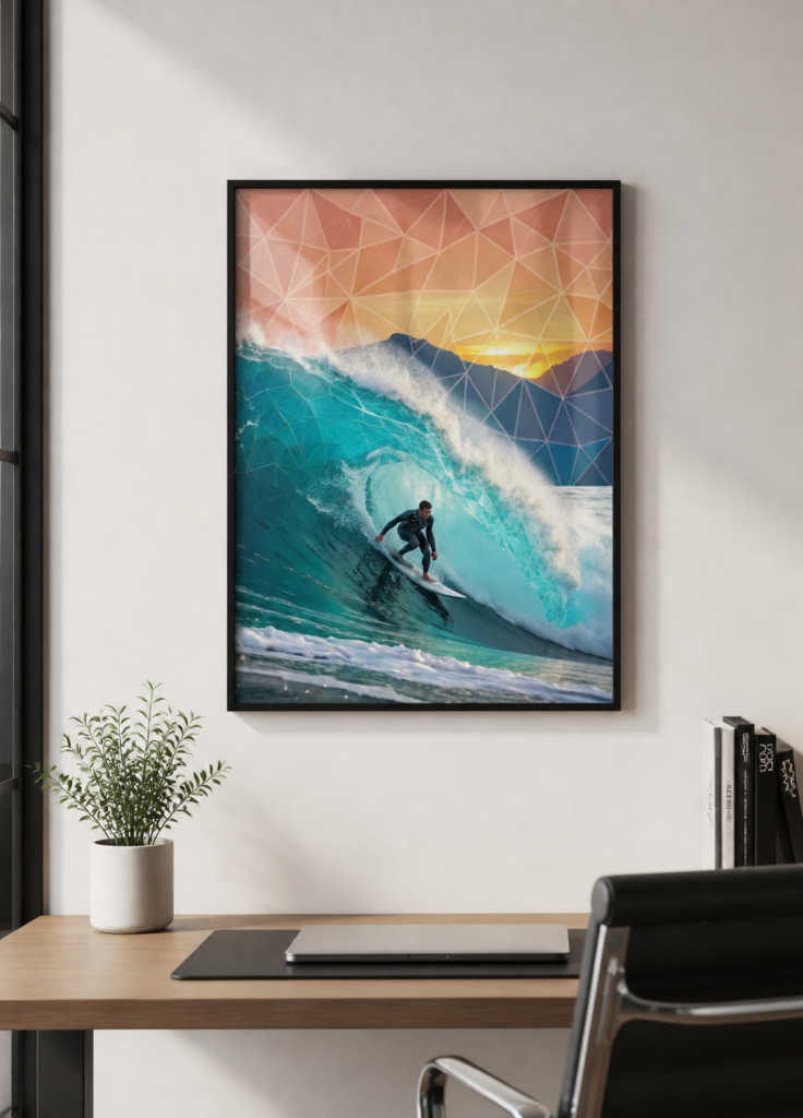 Surfer Wave Geometric Art Poster – Sunset Ocean Wall Art Print 50x70cm
