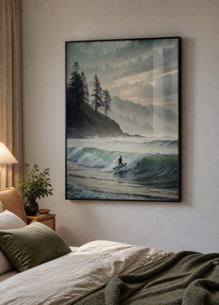 Pacific Northwest Surfer in Misty Coastal Waves – Dramatic Ocean Wall Art Poster