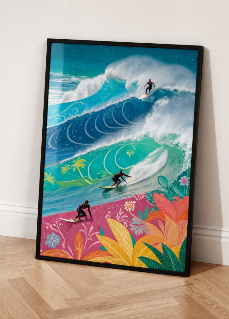 Tropical Surf Wave Poster | Colorful Hawaiian Surfer Wall Art | Ocean Beach Print