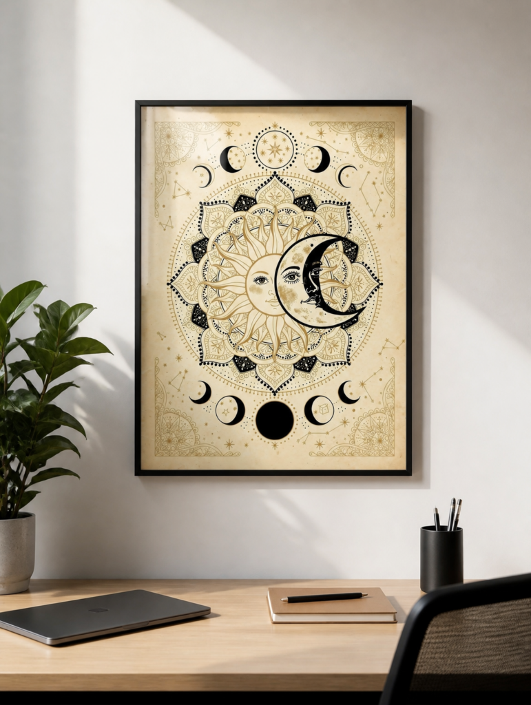 Celestial Sun and Moon Mandala Wall Art - Mystical Boho Vintage Print