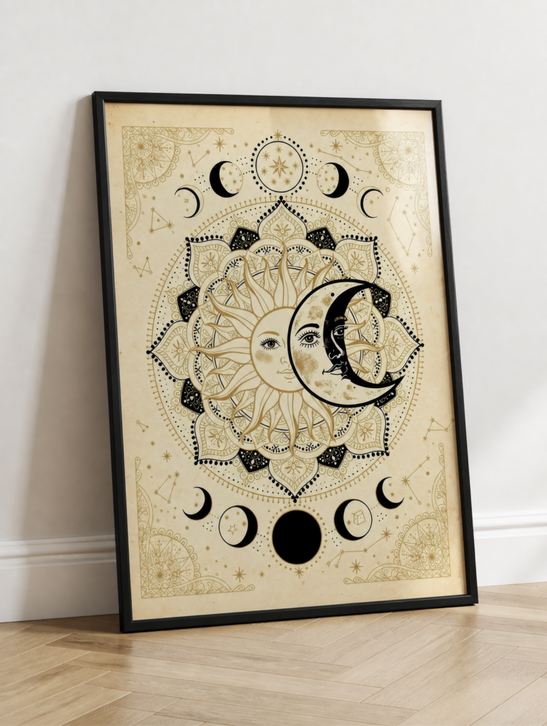 Celestial Sun and Moon Mandala Wall Art - Mystical Boho Vintage Print