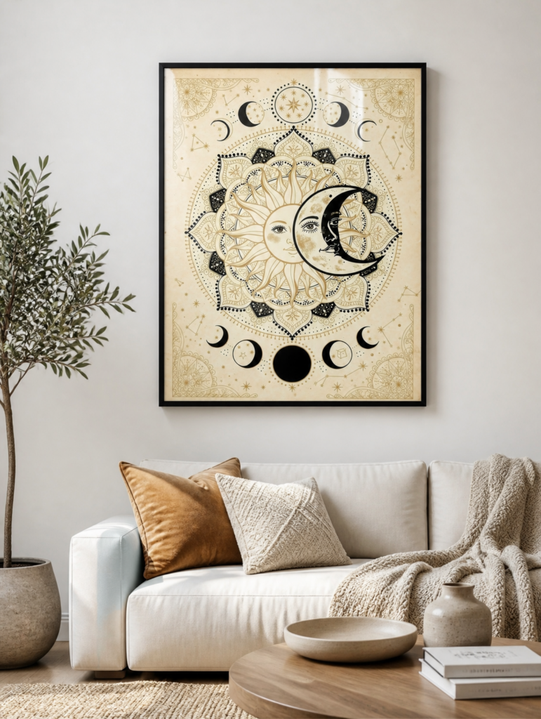 Celestial Sun and Moon Mandala Wall Art - Mystical Boho Vintage Print