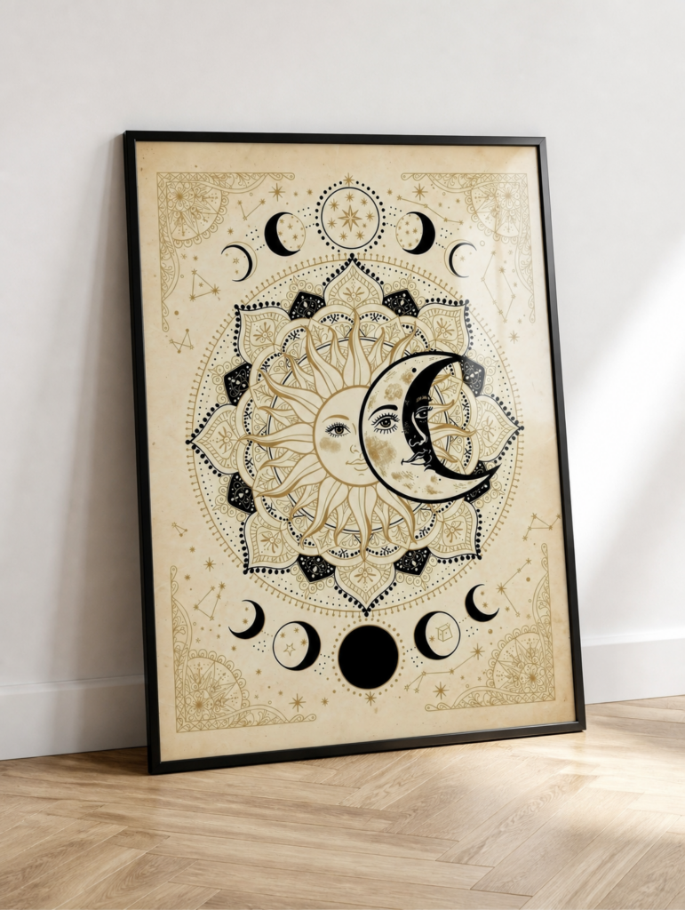 Celestial Sun and Moon Mandala Wall Art - Mystical Boho Vintage Print