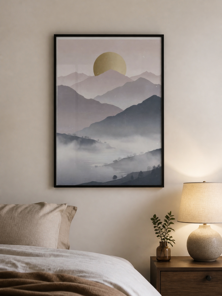 Gold Sun Mountain Landscape Wall Art - Misty Mountain Range Print - Modern Minimalist Nature Art
