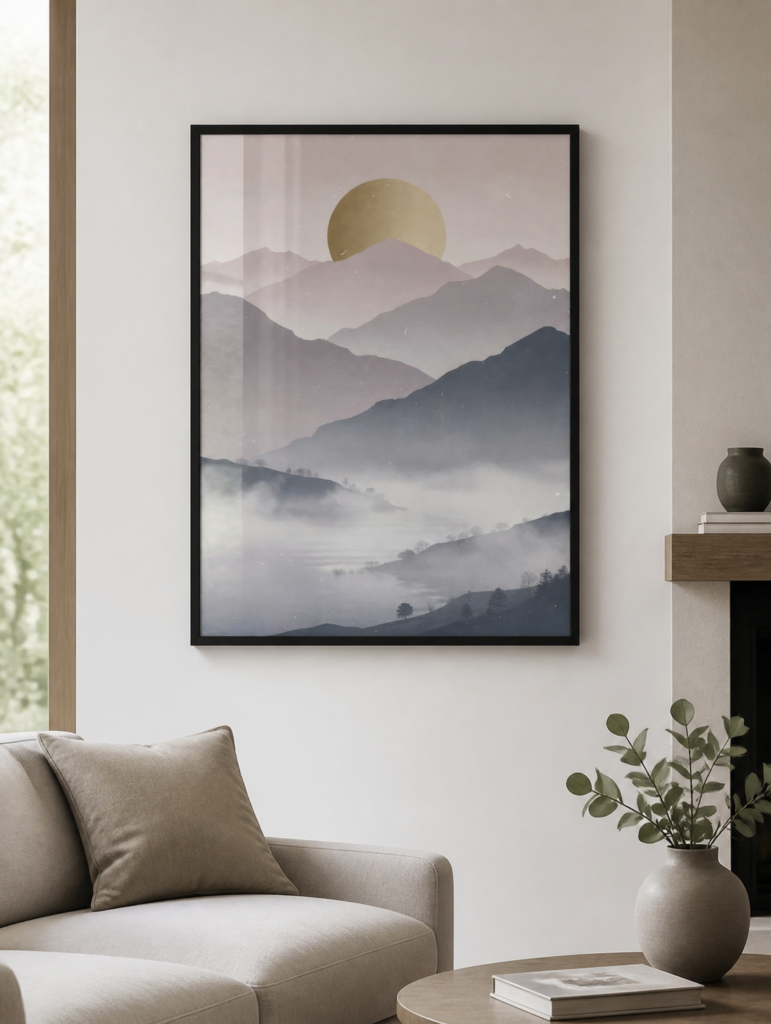 Gold Sun Mountain Landscape Wall Art - Misty Mountain Range Print - Modern Minimalist Nature Art