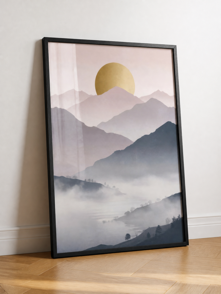 Gold Sun Mountain Landscape Wall Art - Misty Mountain Range Print - Modern Minimalist Nature Art