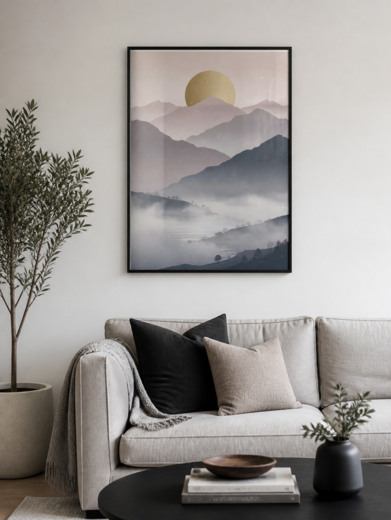 Gold Sun Mountain Landscape Wall Art - Misty Mountain Range Print - Modern Minimalist Nature Art