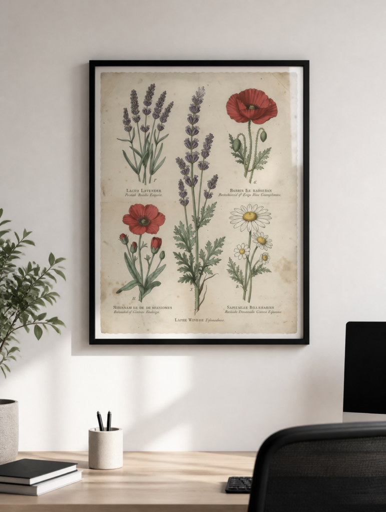 Vintage Botanical Illustration Print - Lavender Poppy Daisy Wildflower Wall Art