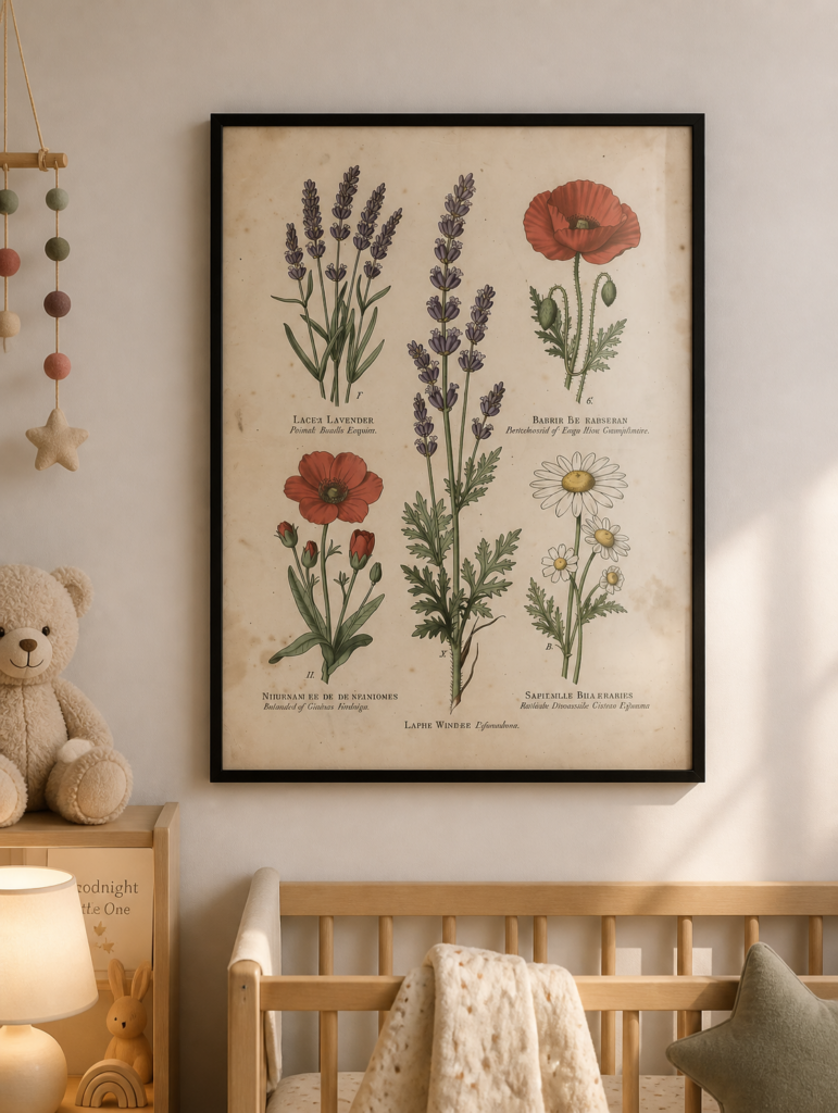 Vintage Botanical Illustration Print - Lavender Poppy Daisy Wildflower Wall Art