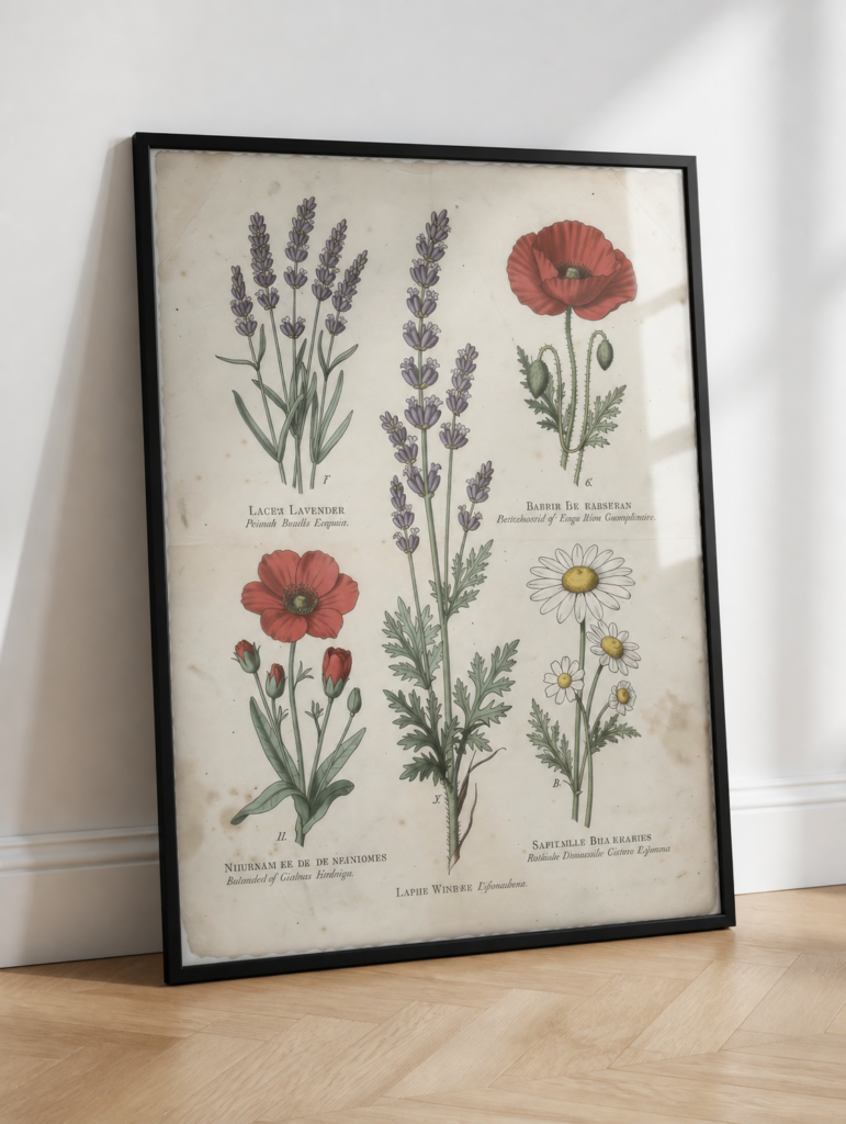 Vintage Botanical Illustration Print - Lavender Poppy Daisy Wildflower Wall Art