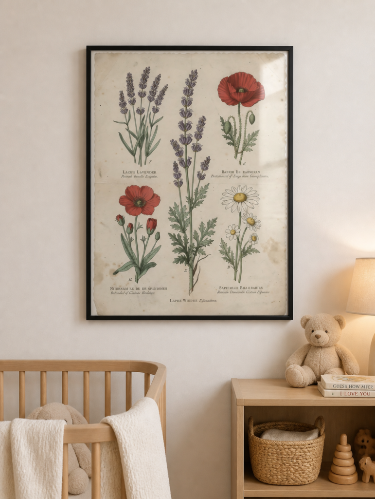 Vintage Botanical Illustration Print - Lavender Poppy Daisy Wildflower Wall Art