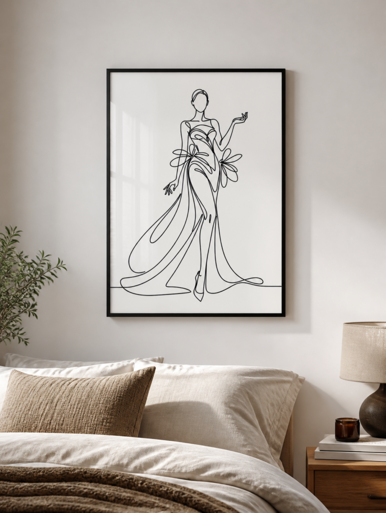 Elegant Woman in Flowing Gown One Line Art Print | Minimalist Fashion Wall Art