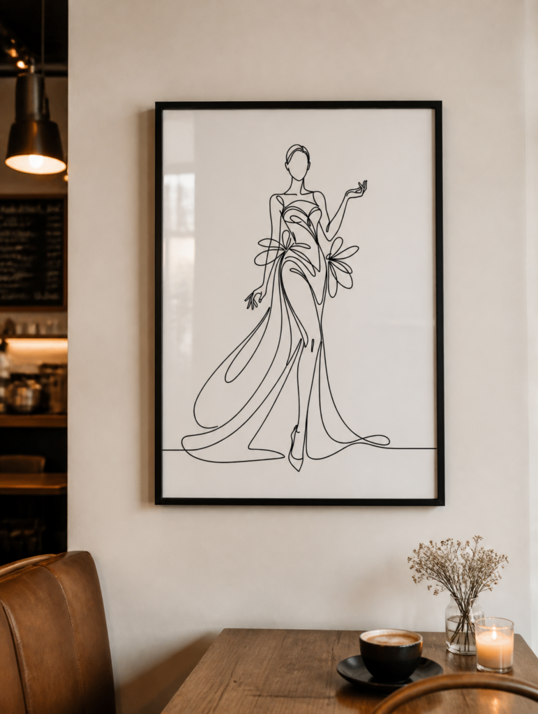 Elegant Woman in Flowing Gown One Line Art Print | Minimalist Fashion Wall Art