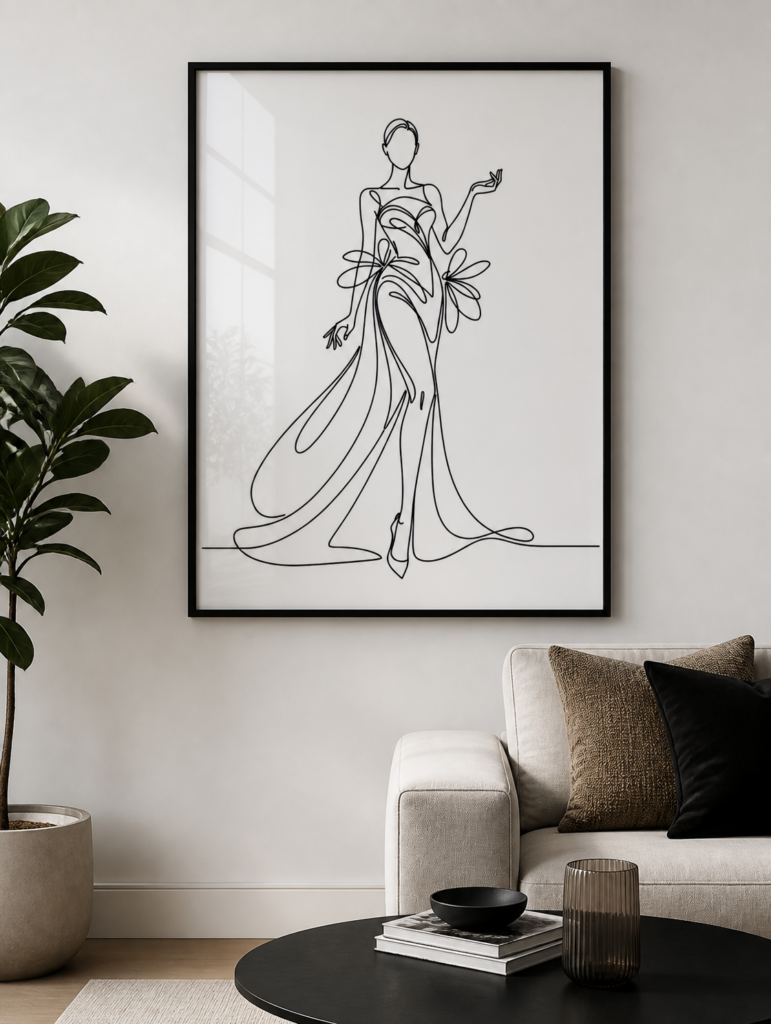 Elegant Woman in Flowing Gown One Line Art Print | Minimalist Fashion Wall Art