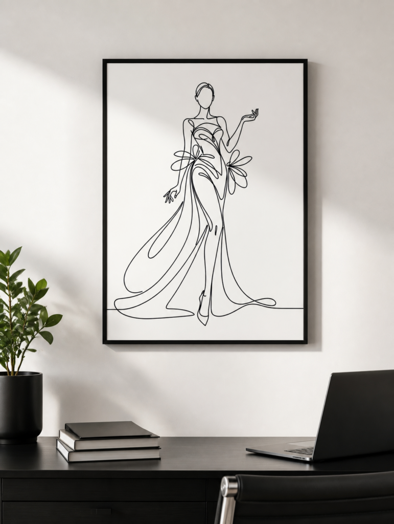 Elegant Woman in Flowing Gown One Line Art Print | Minimalist Fashion Wall Art